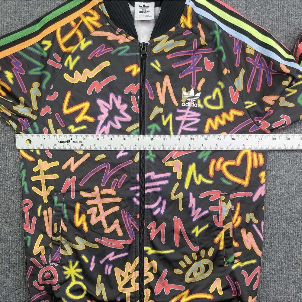 Adidas Track Jacket Youth Large Black Graffiti Print Neon‎ Full Zip